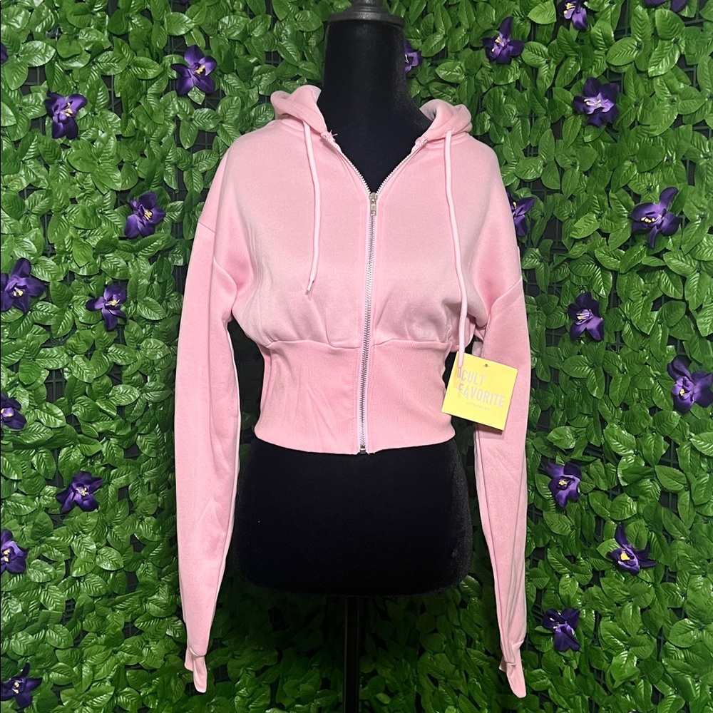 Women’s Pink Cropped Zip-Up Hoodie (Size M)